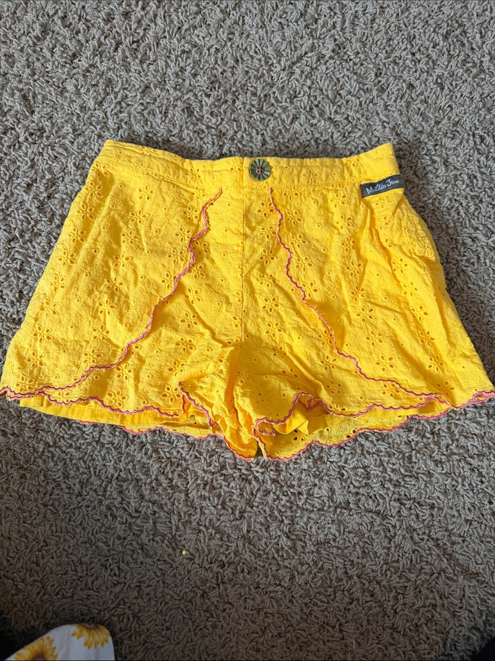 Matilda Jane Bright Yellow Eyelet High-Rise Shorts with Pink Trim